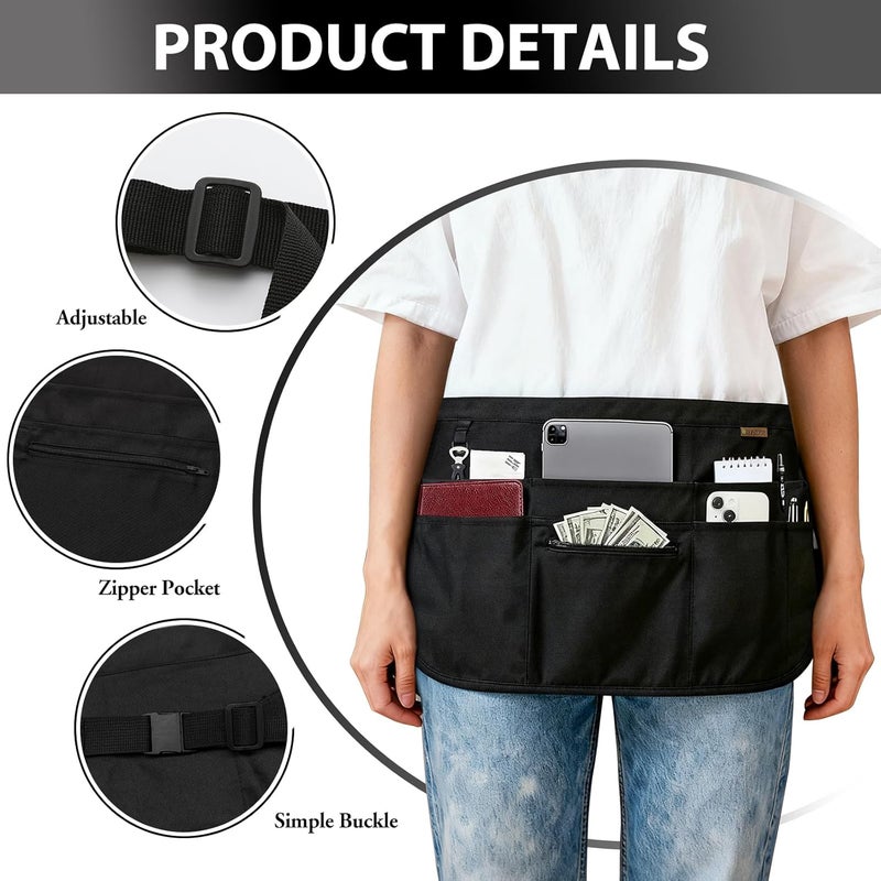 BOHARERS Black Waitress Apron 7 Pockets Server Apron with Buckle Closure & Zippered Money Pouch Stain Resistant - Image 4